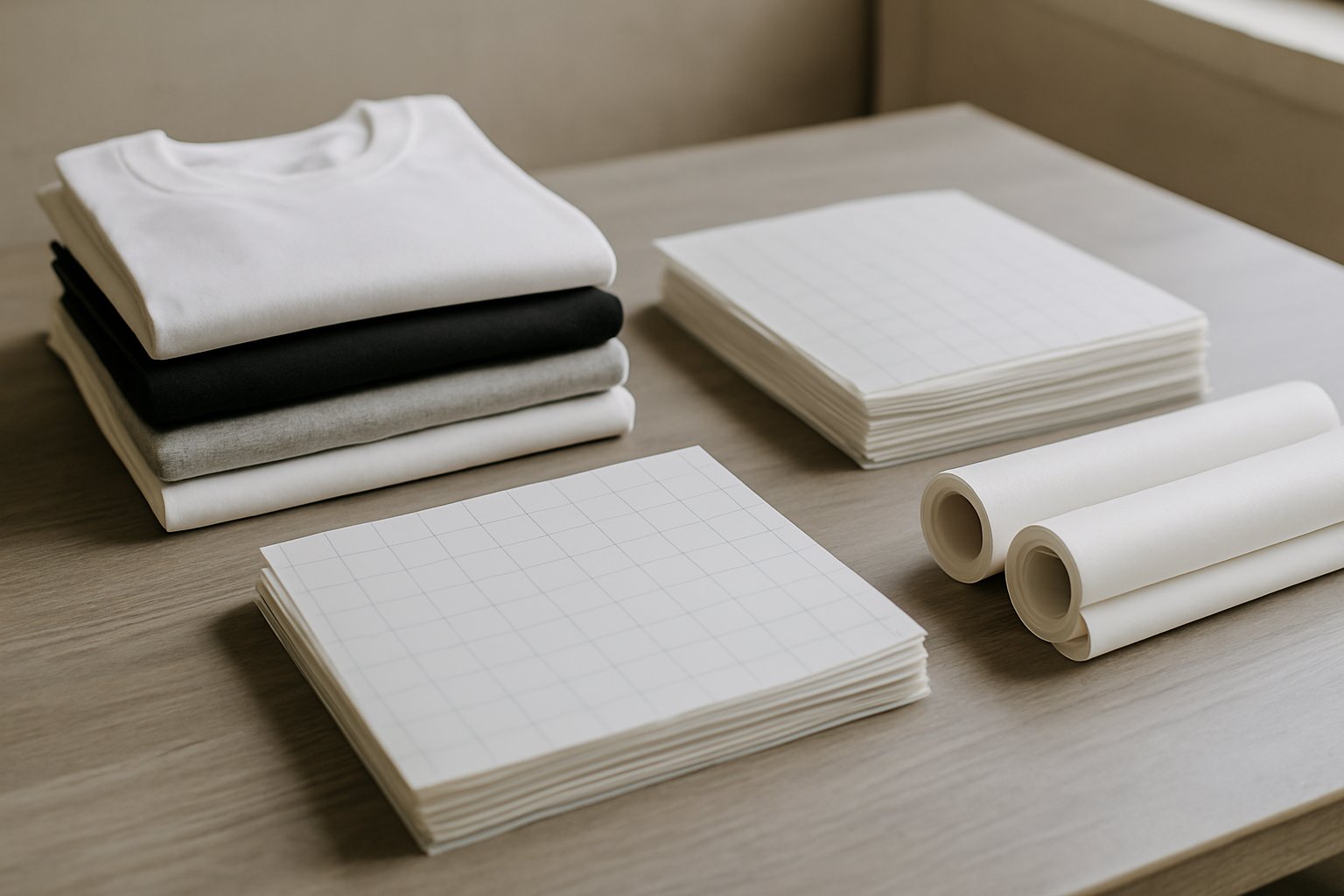 separate blank garments, cut transfers, and rolled gang sheets on a worktable