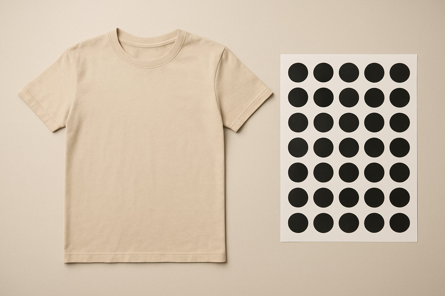Plain garment with geometric decoration next to a transfer sheet of repeated shapes