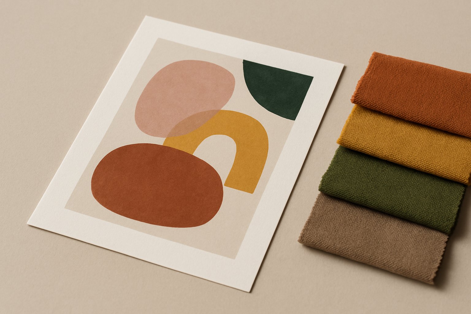 artwork sheet beside matching fabric swatches on neutral surface