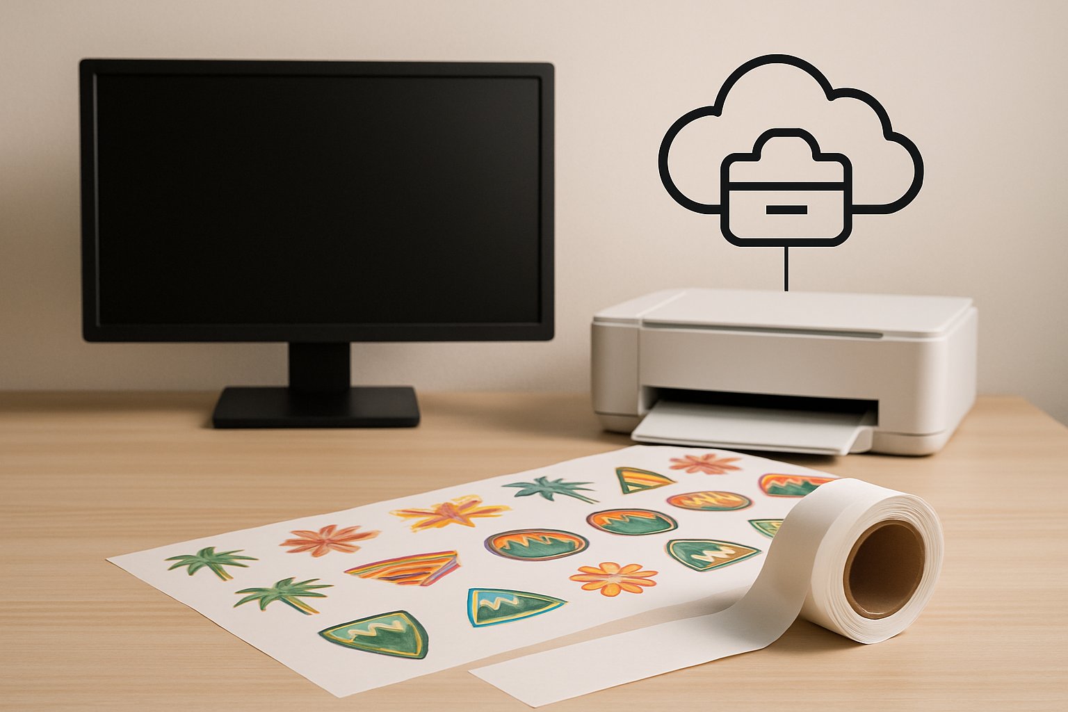 Workstation linked to remote storage and transfer designs Workstation and remote file-storage symbol connected to roll of arranged transfer designs