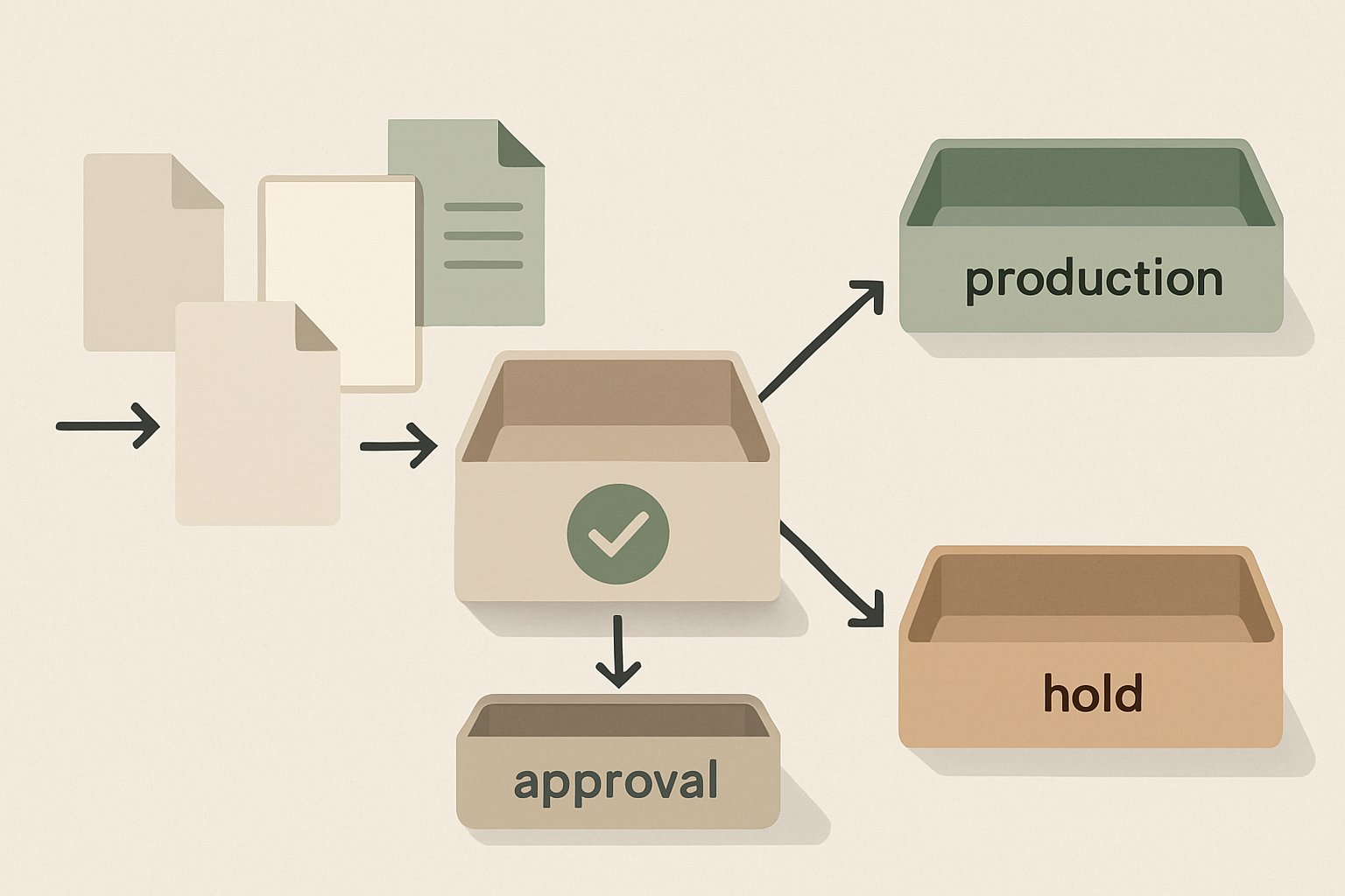 approval tray separating production and hold files diagram of files passing through approval then splitting to production and hold