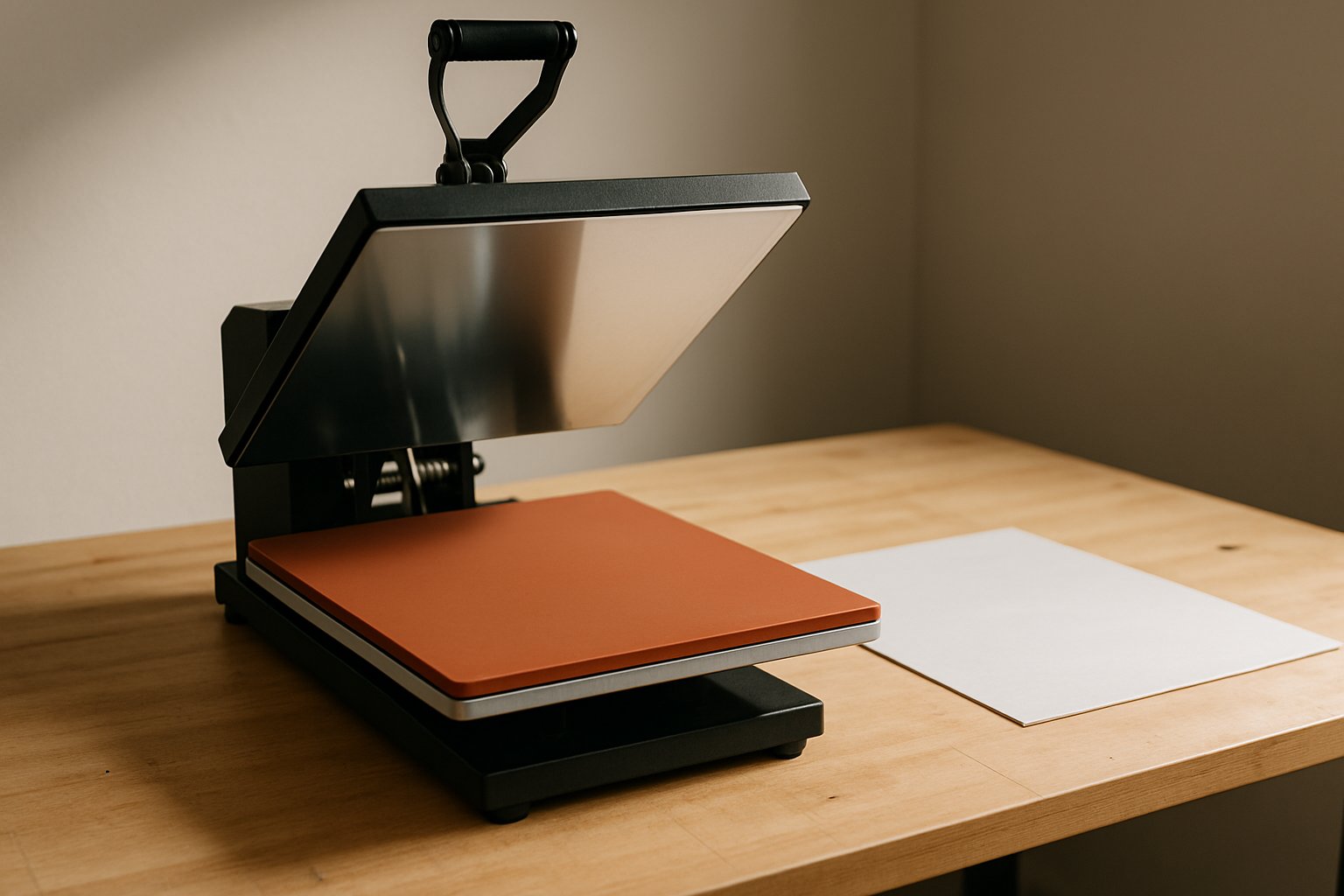 open heat press with clean upper platen and lower pad on workbench