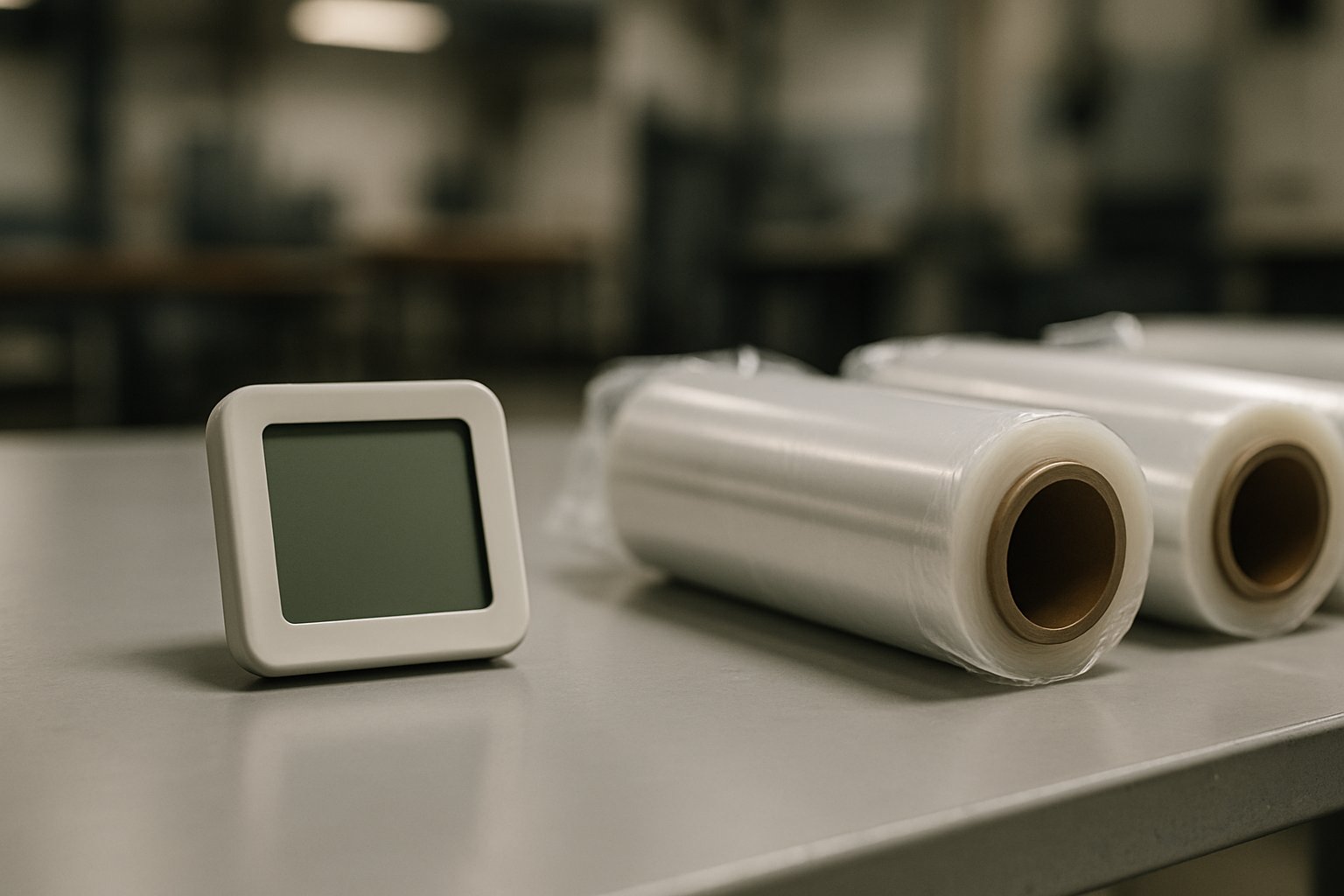 environmental monitor beside covered film rolls on workbench