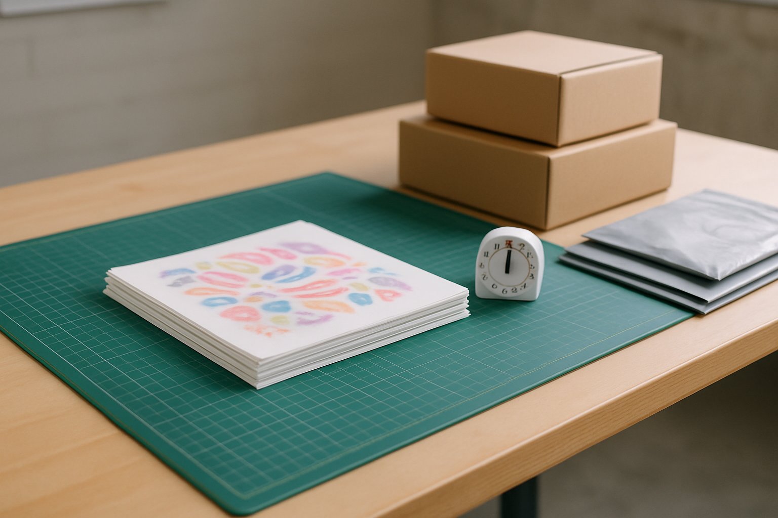 cutting mat, trimmed transfers, packing materials, and timer on a bench