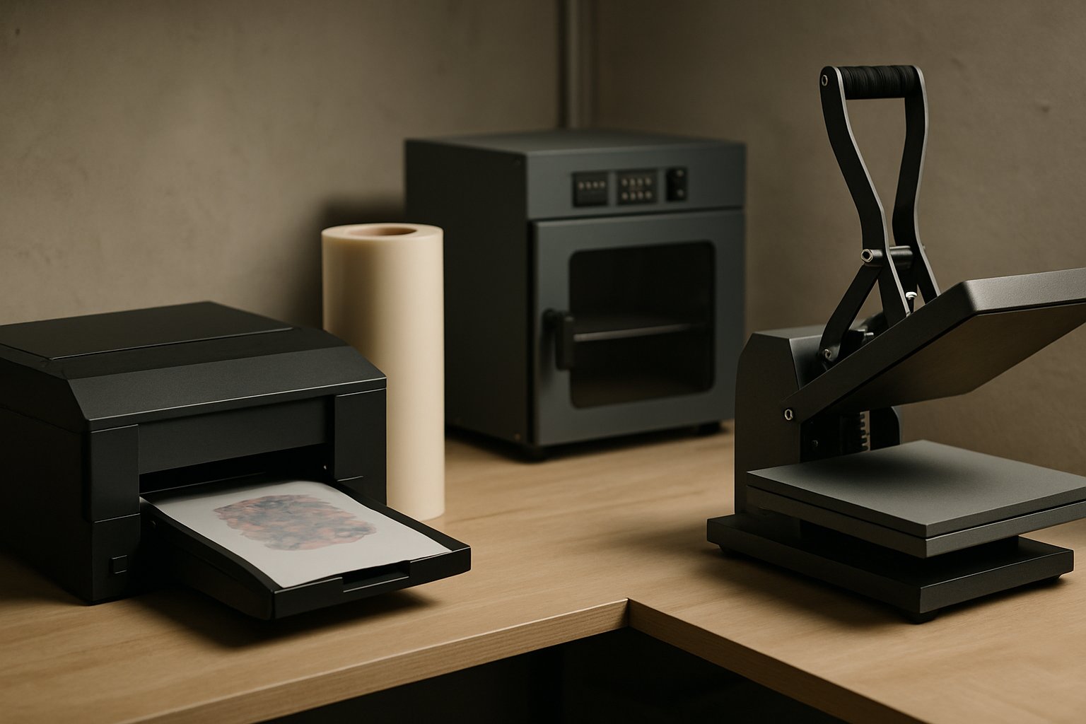transfer-production arrangement with printer, film roll, curing unit and heat press