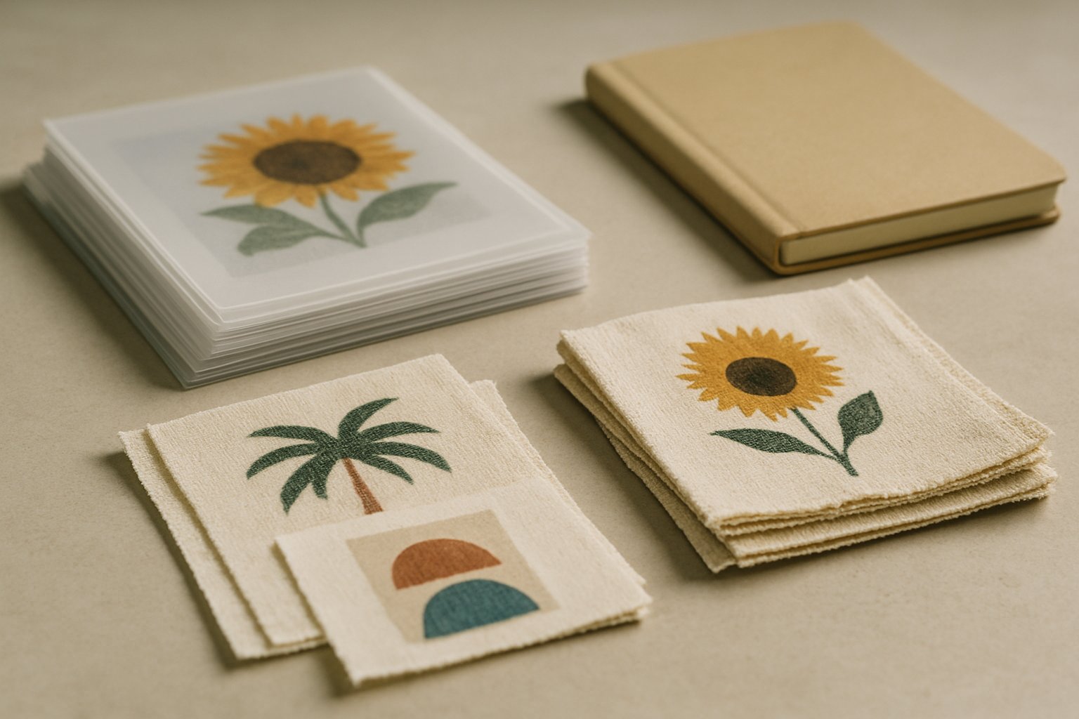 unbranded transfer film, fabric swatches and notebook on table