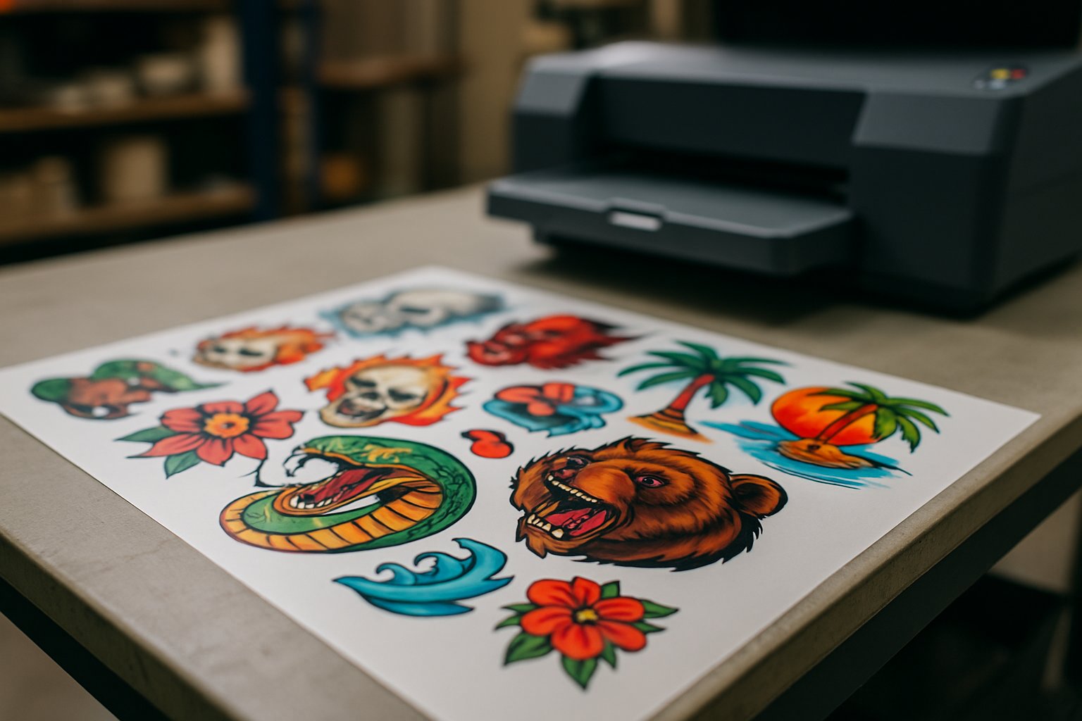 DTF gang sheet printed on transfer film showing multiple custom artwork designs