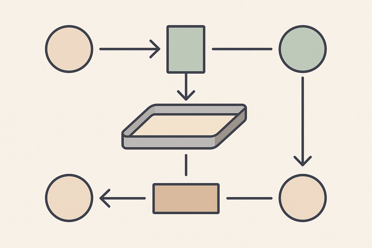 Order, artwork, material and shipment paths diagram Diagram of order, artwork, material, and shipment paths converging at a production tray