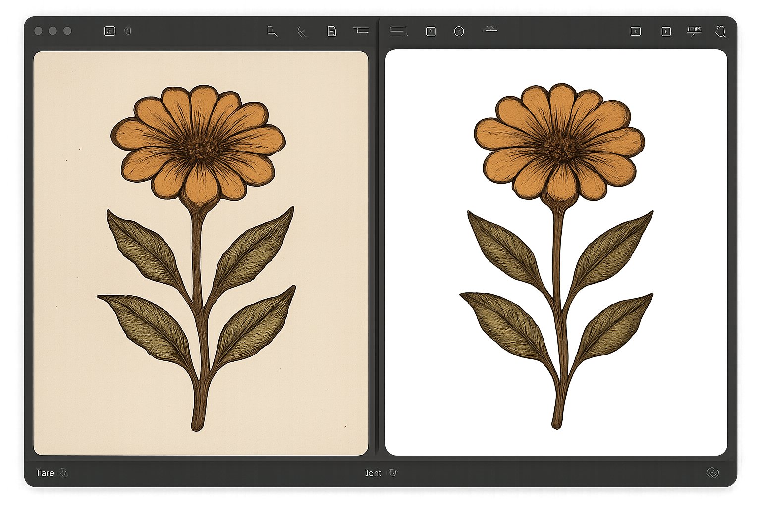Artwork cleanup before-and-after Before-and-after artwork cleanup showing background removal and transparency fixes